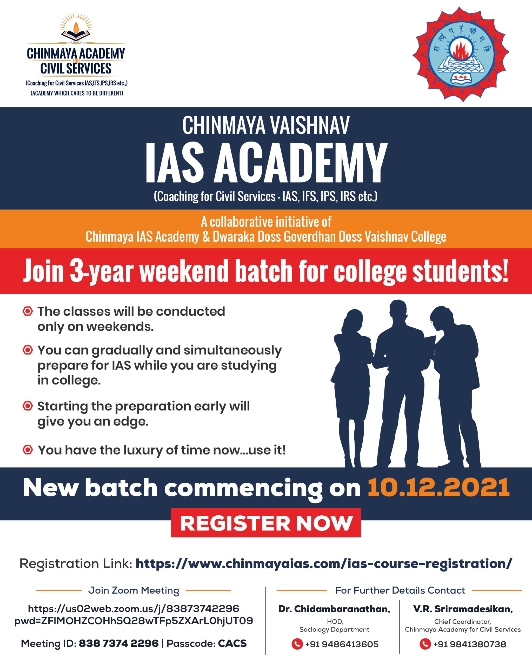 poster on the 3 year weekend batch for college students by Chinmaya IAS Academy